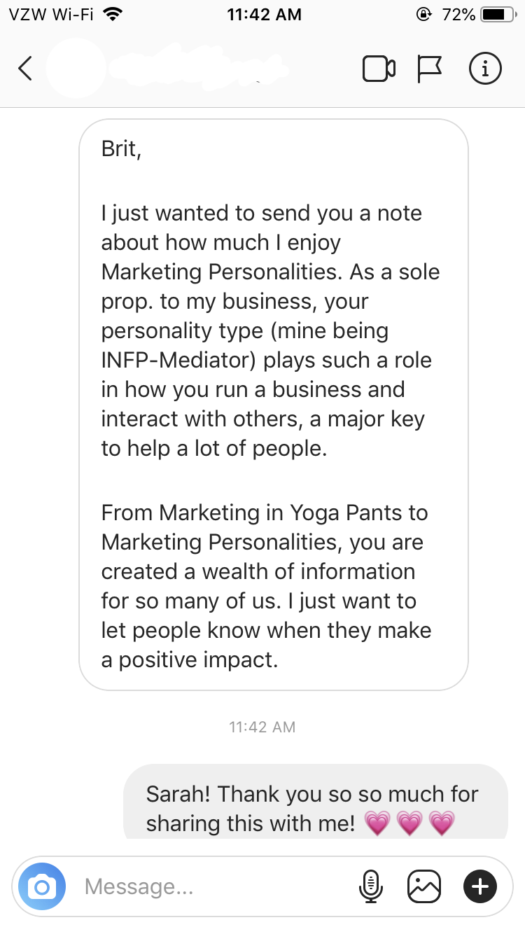 Marketing Personalities testimonial from an INFP
