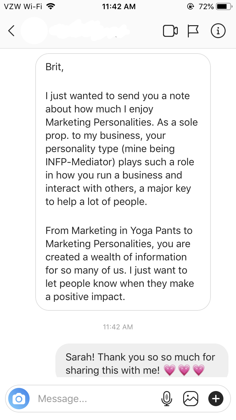 Marketing Personalities testimonial from an INFP