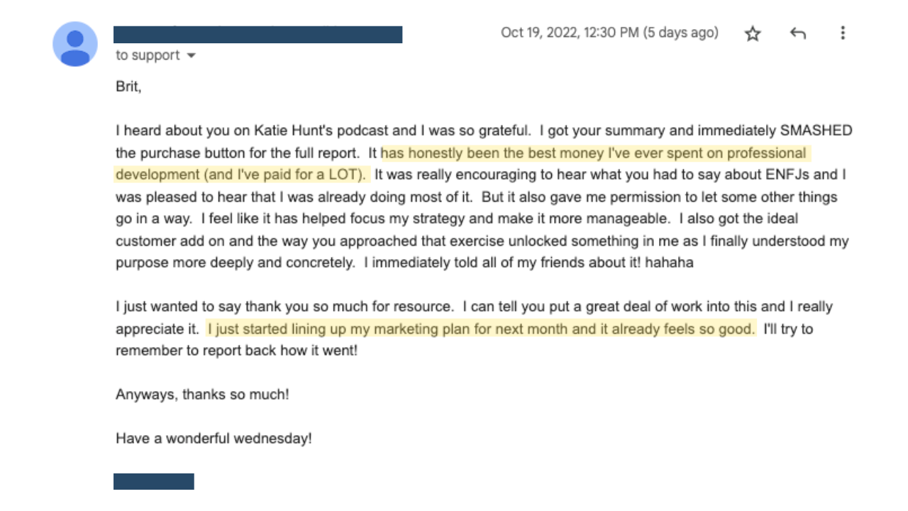 Marketing Personalities Full Report Testimonial from Customer